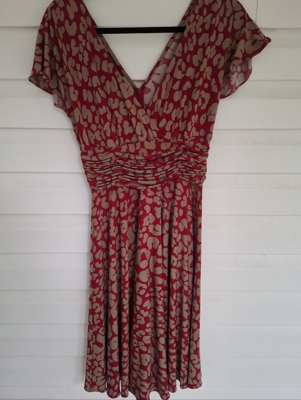 Chadwick's of Boston Leopard Print Jersey Ruched Waist Red Midi Dress Size 10